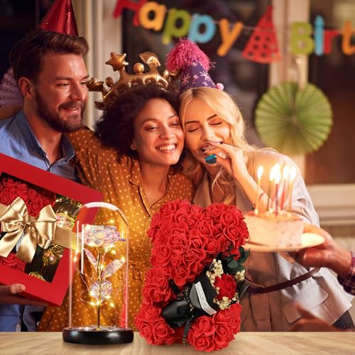 Mothers Day Rose Gifts for Mom Women Wife Girlfriend, Rose Bear & Beauty and the Beast-Inspired Rainbow Light-Up Roses Gift Set – Perfect for Valentine’s, Birthday Mother’s Day and Anniversary - color: Red +Colorful Rose