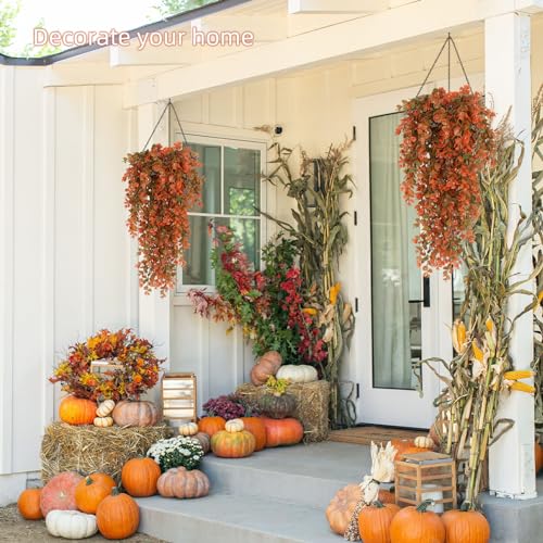 RECUTMS 4 Pcs Fake Fall Eucalyptus Hanging Plants 29.9Inch Artificial Fall Baskets UV Resistant Plastic Greenery for Outdoor Home Room Garden Farmhouse Front Porch Wall Thanksgiving Party Indoor Decor - color: Orange