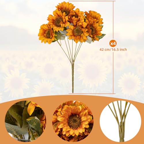 4 PCS 16.5inch Autumn Faux Sunflowers Artificial Flowers Bulk 28 Heads Fall Sunflowers Bouquet with Stems Realistic for Home Wedding Thanksgiving Centerpieces Arrangements Party Home Decoration