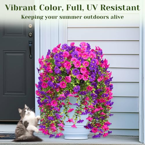 Dolicer 4 Packs Look Real Artificial Flowers for Outdoors, Fake Artificial Hanging Flowers for Outdoors Realistic UV Resistant Hanging Flowers Silk Petunia Faux Flowers for Porch Patio(Purple+Fuchsia) - color: Purple+fuchsia, size: 4 packs