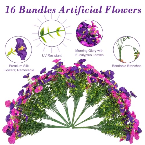 Artificial Flowers for Outdoors, 16 Bundles Mix Color Silk Faux Flowers Morning Glory UV Resistant Eucalyptus Plants Fake Petunias Plants for Porch Garden Planters Window Box Outside Indoor Decor - color: Purple Light Fuchsia