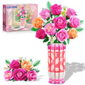 CUBIMANA Pink Rose Bouquet Building Set with Vase & LED Light, 3.6MM Mini Flower Building Kit for Adults, Artificial Floral Decor for Home Office Bedroom, Birthday Day Gifts for Women Mom Wife