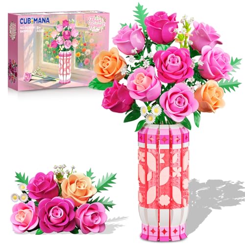 CUBIMANA Pink Rose Bouquet Building Set with Vase & LED Light, 3.6MM Mini Flower Building Kit for Adults, Artificial Floral Decor for Home Office Bedroom, Birthday Day Gifts for Women Mom Wife