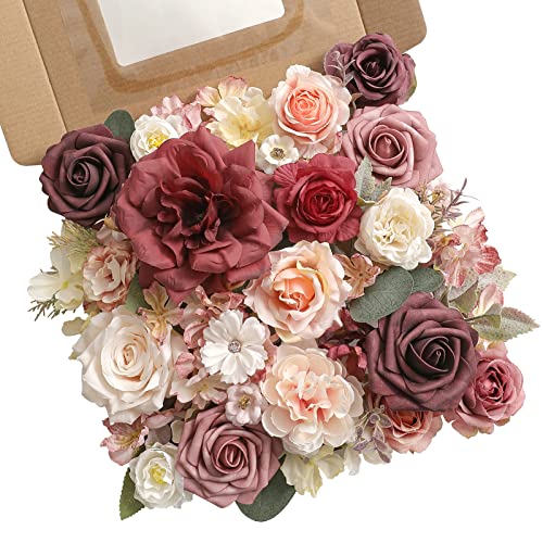 rongflower Artificial Flowers Combo Box Set Burgundy Pink Fake Flower Leaf Box with Stems for DIY Wedding Bouquets Centerpieces Arch Arrangement Baby Shower Party Home Decorations - color: Burgundy Pink