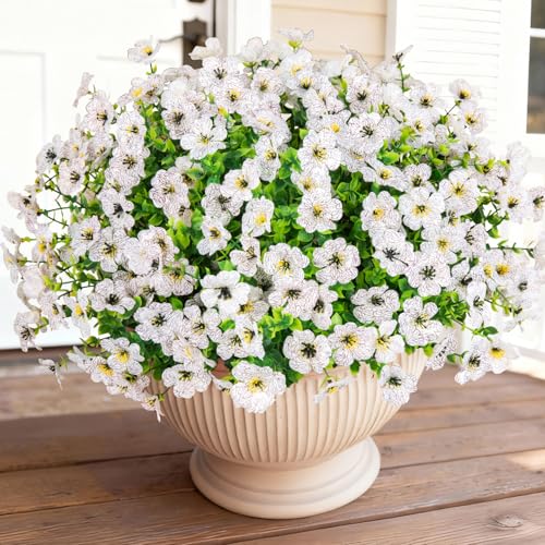 Bassion Artificial Flowers for Outdoors, 16 Bundles UV Resistant Fake Flowers Realistic Silk Faux Plants for Outdoor Planter Window Box Porch Patio Garden Home Outside Decorations - color: White