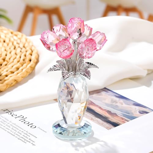 Ornalrist Crystal Pink Rose Flower Figurines - Glass Rose Bouquet Gifts for Women Mom Wife Girlfriend on Valentines Christmas Mothers Day Wedding Party - color: Pink