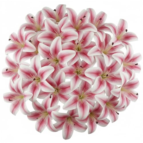 20PCS 6 Inch Large Artificial Lilies Flower Heads with Realistic Stamens, Bulk Silk Fake Lilies for DIY Crafts, Wedding Decor, Cake Decorating, Centerpieces, Home Decor (Pink)