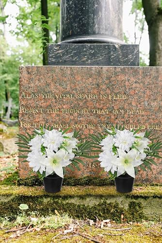 Hollyone Artificial Cemetery Flower for Graves, White Faux Lily Dahlia Flowers in Pot Silk Cemetery Memorial Flowers for Outdoors Gravesites Headstones Home Decoration - color: White-dahlia Lily