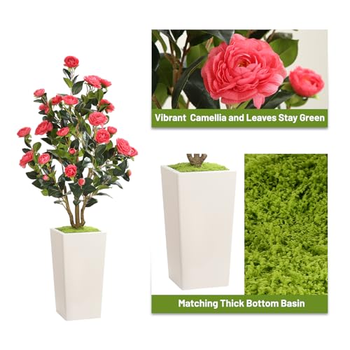 Romantic Season 4FT Artificial Camellia Tree with White Tall Planter, Pink Faux Camellia Plant Flower Tree for Modern Home Office Living Room Floor Décor Outdoor Indoor，Pink - color: Pink
