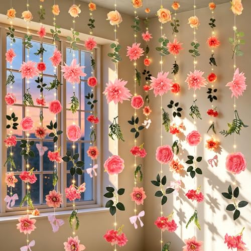 Livole 6Pcs 36Ft Hanging Flower Garland with Light Pink Wildflower Garlands Backdrop Silk Rose Fake Floral Vines with Hooks for Spring Party Wedding Birthday Anniversary Arch Wall Garden Decor - color: Pink With Light, size: 6Pcs