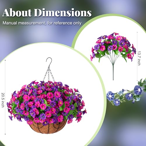 Ammyoo Artificial Fake Hanging Flowers with Basket, Faux Silk Morning Glory Flower Arrangement for Spring Summer Decor, Hanging Plant for Patio Garden Porch Outdoor Decor - color: Dark Purple Purple-red