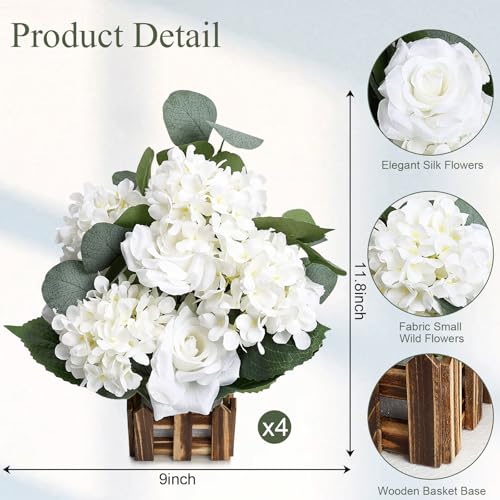 11.8’’ Tall Free Standing Artificial Flowers, 4Pcs Artificial Flowers Arrangement with Basket, Spring Fake Rose Hydrangea Decorations for Wedding Archway Aisle Welcome Entrance Table (White) - color: White
