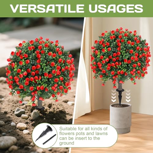 Artificial Red Rose Topiary Ball Tree 25" with Ground Spike, Set of 2 Artificial Boxwood Bushes for Faux Shrubs, Fake Evergreen Faux Plant for Indoor Outdoor Porch Garden -UV Resistant–Fade-Proof - color: Red Rose