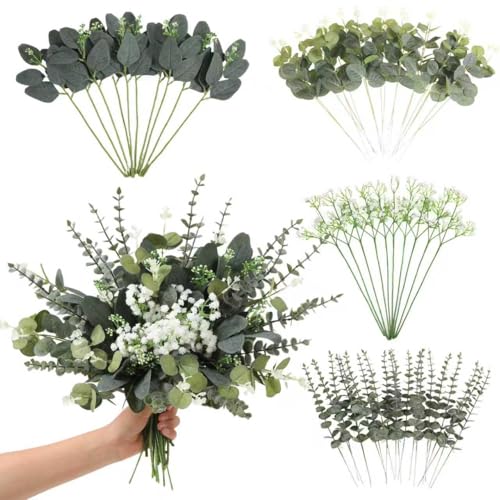 60 Pcs Mixed Artificial Eucalyptus Leaves Stems Bulk,Baby Breath Artificial Flowers Bulk with Eucalyptus Leaves Greenery Stems for DIY Bouquets Wedding Floral Home Decor (Green-60pcs) - color: Green-60pcs