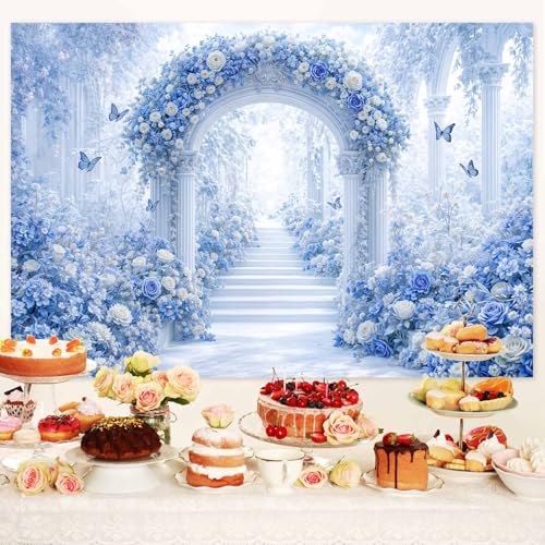 5X3ft Floral Photography Backdrop, Dreamlike Wedding Portrait Photo Background Romantic Blue Flowers Backdrop, Baby Bridal Shower Wedding Birthday Party Background Banner Decor, Blue-2 - color: Blue-2, size: 5x3ft