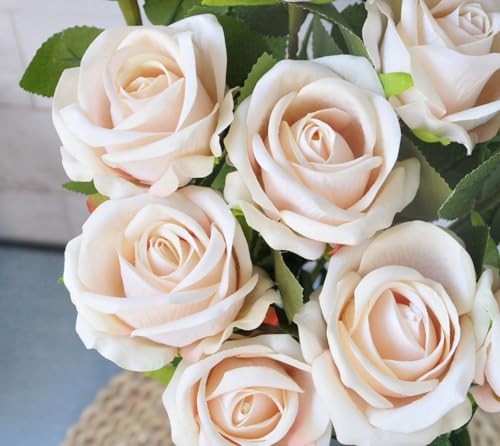 Kenpal Realistic Fake Roses Artificial Flowers with Stem for Decoration Floral Arrangement Centerpieces Wedding Bouquets (10, Champagne) - color: Champagne