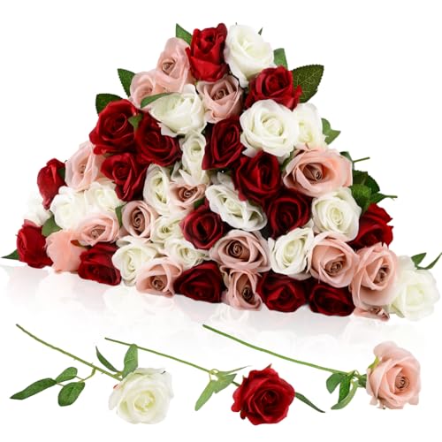 48 Pcs Silk Artificial Flowers, Fake Rose Long Stem Realistic Artificial Flowers for Wedding Arrangement Centerpiece Party Decor (16 Burgundy, 16 Coffee Pink, 16 Off-White)