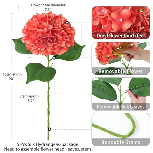 ZYTUYO 5 Pcs Orange Silk Hydrangeas Aritificial Flower Boho Dried Touch 20'' Faux Hydrangeas for Fall Home Decor Kitchen Living Room Porch Wreath Xmas Wedding Flower Arrangement - color: Orange