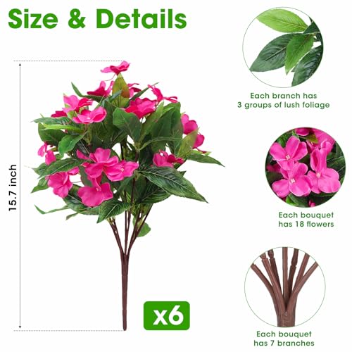 Ouddy Decor 6 Bundles Artificial Impatiens Flowers for Outdoors Decoration, Silk Flowers Bouquet Fake Plants UV Resistant for Spring Summer Garden Porch Window Box Balcony Home Decor, Pink - color: Pink