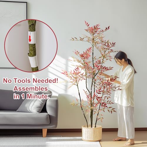 6ft Faux Bamboo Tree Artificial Nandina Tree Artificial Indoor Plants Realistic Fake Potted Tree with 800+ Leaves, Cement Planter - Home Office Decor Perfect for Housewarming Gift Non-Toxic - color: Red, size: 6ft