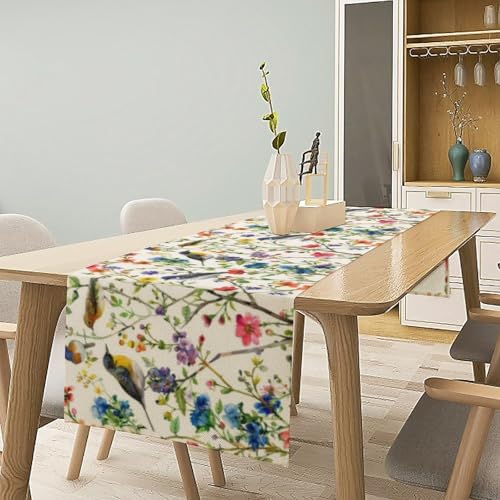 Spring Bird Floral Table Runner,Summer Birds Table Runner Burlap Table Decoration for Seasonal Home Kitchen Dining Dinner Indoor Holiday Farmhouse Decor 13x36 Inch - color: Bird_11, size: 13x36inch