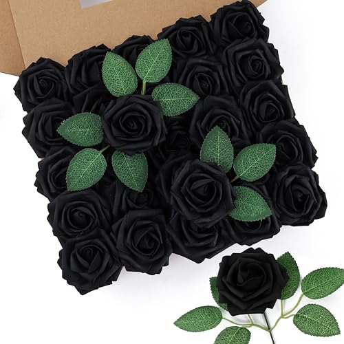 DuHouse 50Pcs Artificial Roses Flowers Fake Roses with Stems Real Touch Foam Flowers for DIY Wedding Bouquet Party Centerpiece Floral Arrangement Party Home Decor(Black) - color: Black, size: 50pcs
