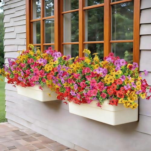 12 Bundles Artificial Flowers for Outdoor UV Resistant and Realistic, Faux Daisy Fake Flowers with Eucalyptus Leaves for Porch, Patio, Planter, Window Box, Home, Garden Decor - color: Pink Red Purple Yellow