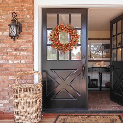 22inch Artificial Forsythia Flower Wreath Spring Summer Fall Wreath Silk Leaves Decoration for Front Door Porch Farmhouse Patio Garden Home Decor (Orange) - color: Orange