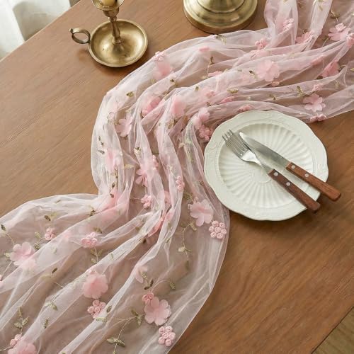 Embroidery Floral Table Runner Rustic Spring Summer Wildflower Tulle Table Runner Vintage Flower Kitchen Dining Tabletop Runners Decoration for Home Wedding Party, 108x24.5 Inch (Pink) - color: Pink, size: 108*24.5 inch