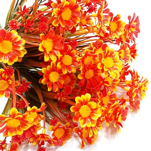 8 Bundles Artificial Daisy Fall Flowers for Outdoor UV Resistant Fall Decor | Faux Orange Flowers Plastic Greenery Shrub Fake Mums Flowers Plants for Home Garden Porch Patio Summer Fall Decorations - color: Orange, size: 8 Bundles