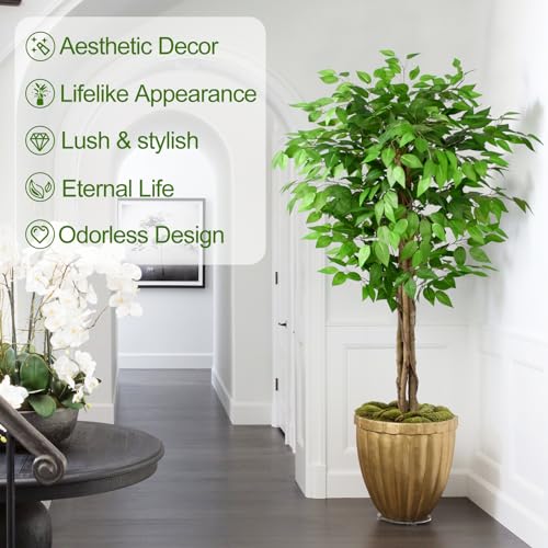 5ft Ficus Artificial Trees with Natural Curved Trunks, 60" Tall Lush Faux Tree for Home Decor Indoor, Green Lifelike Fake Ficus Tree Artificial Plants - size: 5ft