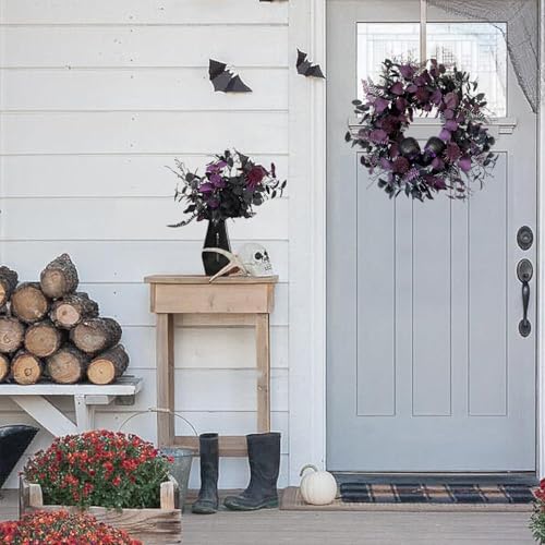 7pcs 18" Faux Halloween Floral Picks Tabel Centerpieces Decoration, Artificial Gothic Black Purple Eucalyptus Leaves Flowers Stems Picks Bouquet Decor (BLK-Purple)