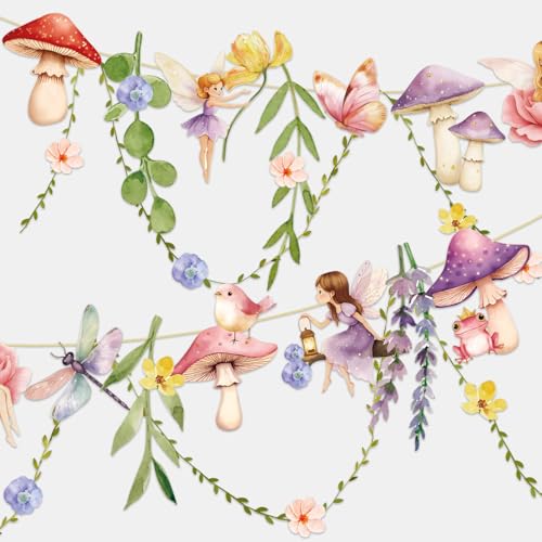 Fairy Mushroom Banner Wildflower Party Decorations Paper Flower Leaves Banner Fairy Garland for Wall Decoration Spring Baby Shower Wedding Backdrop Decorations - color: Fairy