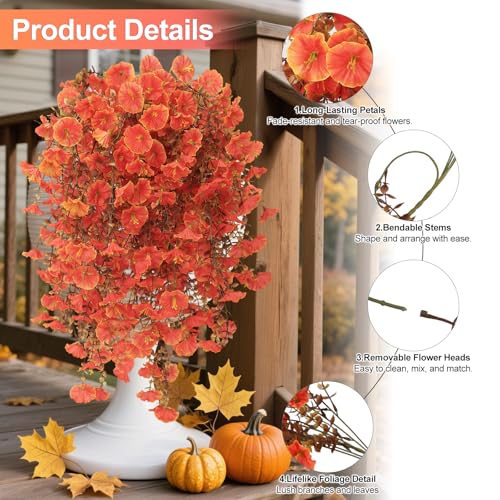 Fall Decor Artificial Flowers for Outdoor Decoration, 4Pcs Fake Hanging Flowers Morning Glory UV & Fading Resistant, Artificial Faux Plants for Home Patio Yard Garden Farmhouse Halloween - color: Autumn Orange