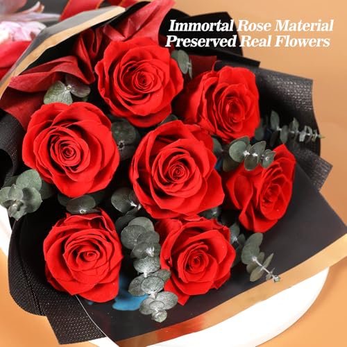 Preserved Flowers Bouquet 7 Roses, Forever Flower for Delivery Birthday Anniversary Wedding, Eternal Real Roses Bouquets with Gifts Box for Women Wife Mother Day, Red - color: Red