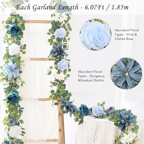 Waipfaru 2Pcs Flower Garland Decorations, Wedding Table Floral Rose Garland for Table Centerpieces Backdrop Wall, Eucalyptus Greenery Vines for Party Room Decor (Dusty Blue) - color: Dusty Blue-6.07ft, size: 2 Pack