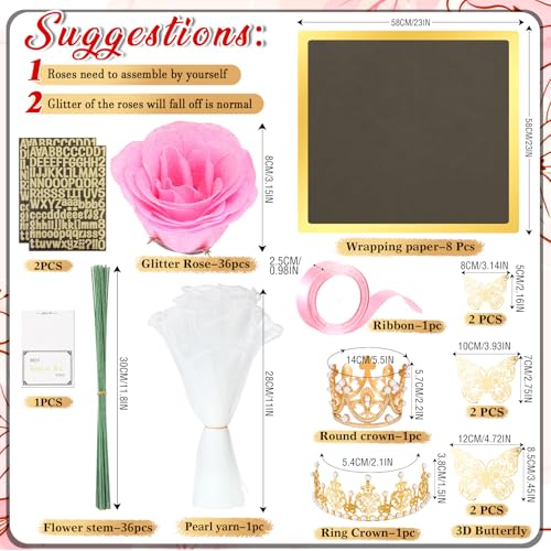 Thiccywoov 36 Pcs Glitter Roses Bouquet Graduation Artificial Rose DIY Flower Bouquet Kit Flower Wrapping Paper 3D Butterflies Crowns for Mom Mother Teacher Birthday (Pink-A) - color: Pink-a