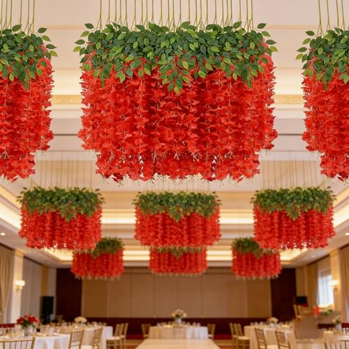 HUAHUA Artificial Wisteria Flowers, White Dense Artificial Fake Wisteria Vine Ratta Hanging Garland Silk Flowers String for Home Party Wedding Decor (24pcs Red) - color: 24pcs Red