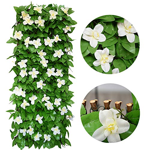 Expandable Faux Ivy Fence,Artificial Privacy Screen Decor for Outdoor Wall, Balcony and Patio, Single Sided Leaves (2,White Flower) - color: White Flower
