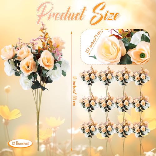 Hotop 12 Bunches of Artificial Flowers Centerpiece 13 Inches Silk Fake Roses Bouquets for Table Decoration Faux Arrangement Flowers for Wedding Cemetery Memorial Day (Champagne) - color: Champagne