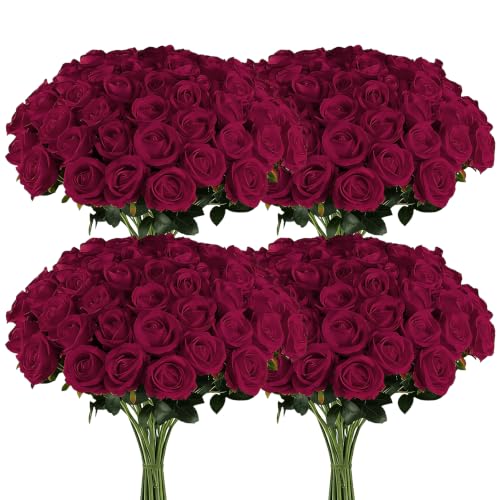 120 Pcs White Roses Artificial Flowers,Artificial Roses in Bulk,Fake Roses with Stems,DIY Wedding Bouquets,Wedding ornaments,Valentine's Day Party Decorations A rose symbolizes love (wine red,120 pcs) - color: Wine Red, size: 120 pcs