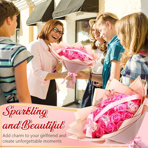 Thiccywoov Valentine Glitter Roses Bouquet (exclude Rose & Glue) DIY Roses with Glitter Powder Flower Wrapping Paper Letter Stickers Bags for Mothers Day Birthday Wedding Graduation Xmas Gifts(Pink) - color: Pink