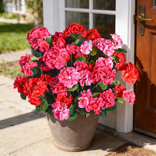 Fake Outdoor Flowers, 6 Pcs Artificial Flowers for Outdoors, Mixed Color Artificial Geraniums Silk Flowers, Fake Plant for Outside, Faux Flowers Outdoor Planters UV Resistant for Front Porch - color: Mixed, size: 6 Pcs