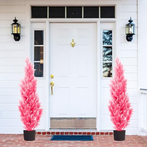 Two 5-Foot Outdoor Artificial Cedar Pink Trees Outdoor Room Christmas Trees - color: 5ft Pink