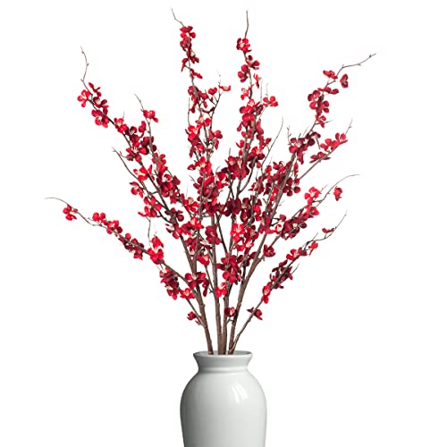 Ammyoo 4Pcs Cherry Blossom Branches Artificial Flowers for Spring Summer Indoor Decoration,Faux Long Stem Artificial Flowers for Wedding Home Office Bedroom Party Table Centerpieces Decor(Red) - color: Red