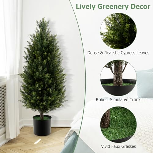 Goplus 3FT Artificial Topiary Cedar Tree, Faux Potted Plants Artificial Cypress Tree with Cement Plastic Pot, Fake Evergreen Artificial Topiary for Indoor Outdoor Home Front Porch Decor - size: 3ft 2in