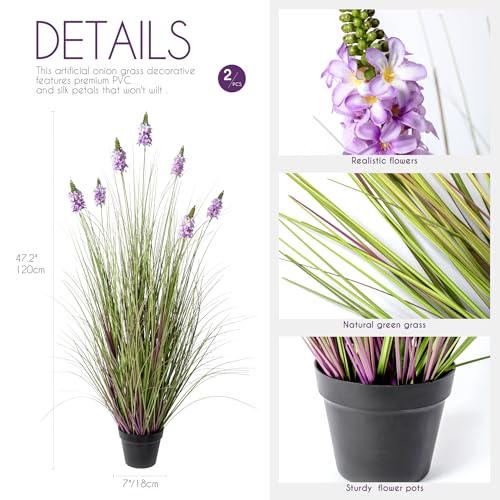 Fake Plants 47in - Artificial Grass with Hyacinth Flowers, 2PC Faux Plants with Pot for Indoor Outdoor,4FT Tall Grass Fake Greenery with Pot, Home Wedding Decor, Housewarming Gifts, Purple - color: 1.2m Purple2