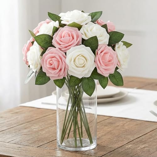 100Pcs Realistic White Light Pink Artificial Rose Flower Heads, Foam Fake Roses for DIY Wedding Decorations Baby Shower Centerpieces Home Party Valentine's Day Mother's Day Decor - color: 100pcs White Light Pink Mixed Color