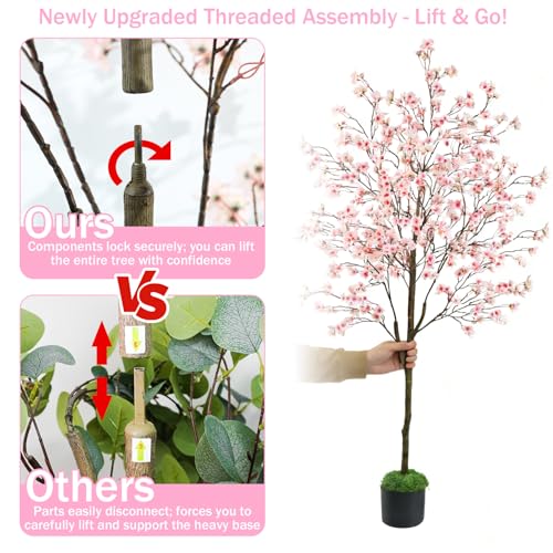 Caxchiling 6FT Cherry Bloosom Tree for Indoor Outdoor, Artificial Pink Flower Tree with Basket and Moss Topper, Faux Floor Plants for Home Office Living Room Bedroom Doorway Hallway, Spring Decor