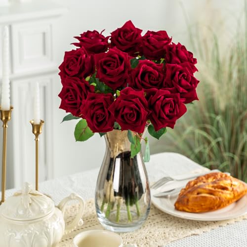 Ttranewsoo Fake Roses Faux Flowers Silk Roses Artificial Roses with Stems Realistic Artificial Flowers Suitable for Indoor Home Decoration DIY Bouquet Wedding Decor Party Decor 16.5In (12PCS, Red) - color: Red 12pcs